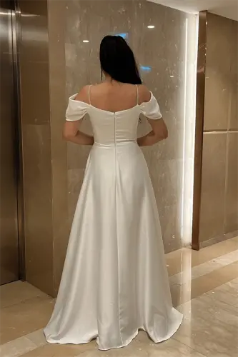 Saten Kumaş Büzgülü Askılı Abiye Elbise - BEYAZ - 5