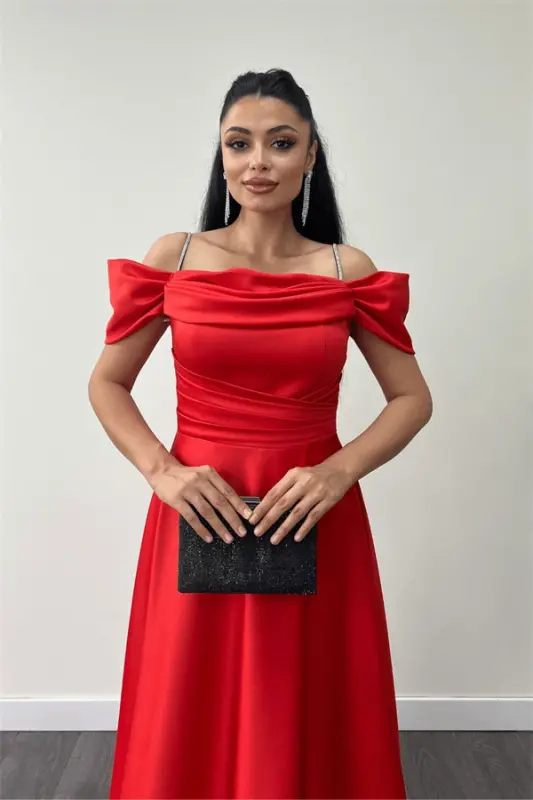 Saten Kumaş Büzgülü Askılı Abiye Elbise - KIRMIZI - 3