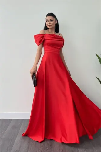 Saten Kumaş Büzgülü Askılı Abiye Elbise - KIRMIZI - 3