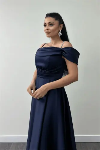 Saten Kumaş Büzgülü Askılı Abiye Elbise - LACİVERT - 4