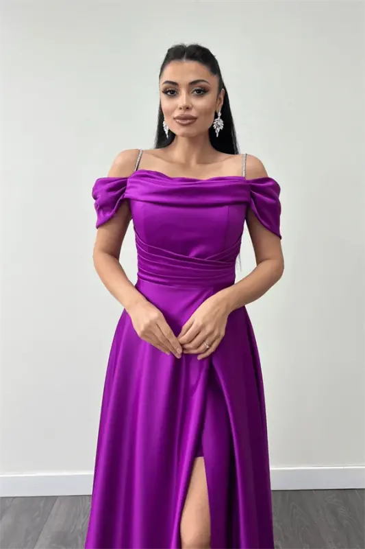 Saten Kumaş Büzgülü Askılı Abiye Elbise - MOR - 4