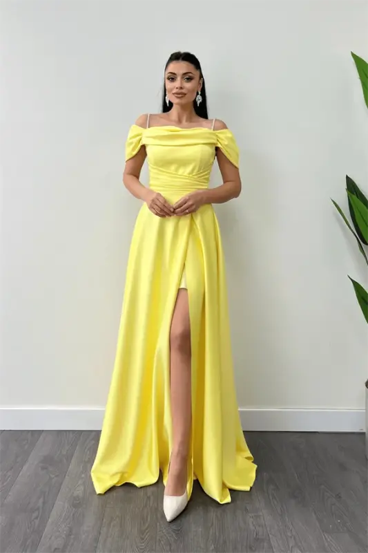 Saten Kumaş Büzgülü Askılı Abiye Elbise - SARI - 1