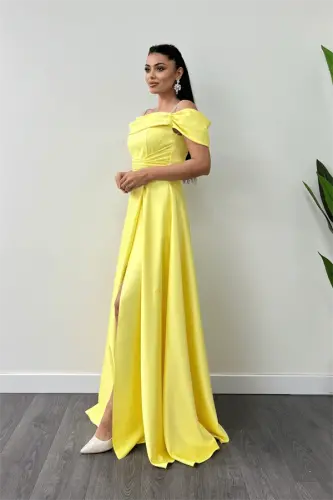 Saten Kumaş Büzgülü Askılı Abiye Elbise - SARI - 2