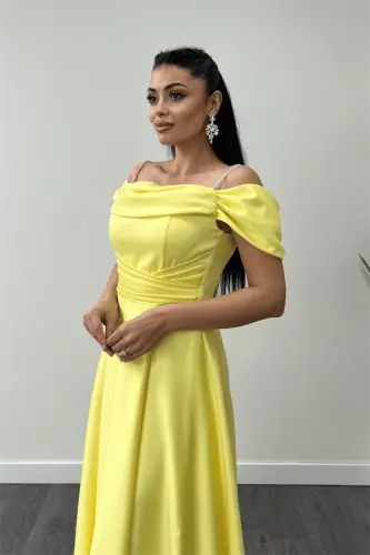 Saten Kumaş Büzgülü Askılı Abiye Elbise - SARI - 4