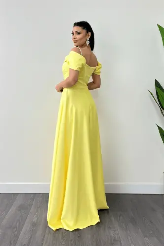 Saten Kumaş Büzgülü Askılı Abiye Elbise - SARI - 5