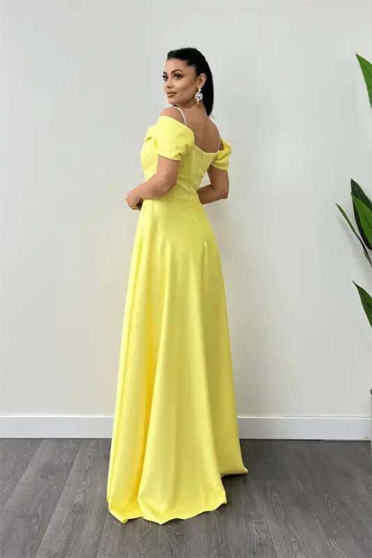 Saten Kumaş Büzgülü Askılı Abiye Elbise - SARI - 5