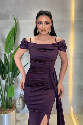 Saten Kumaş Büzgülü Şal Detaylı Abiye Elbise - PATLICAN MOR - 3