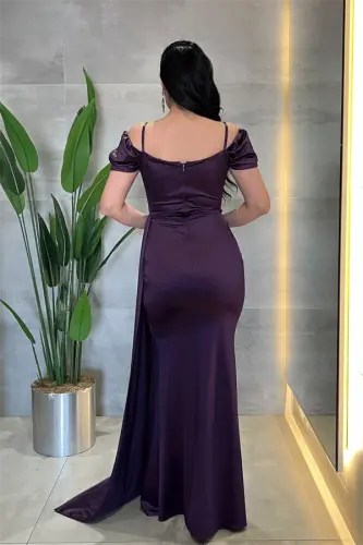 Saten Kumaş Büzgülü Şal Detaylı Abiye Elbise - PATLICAN MOR - 5