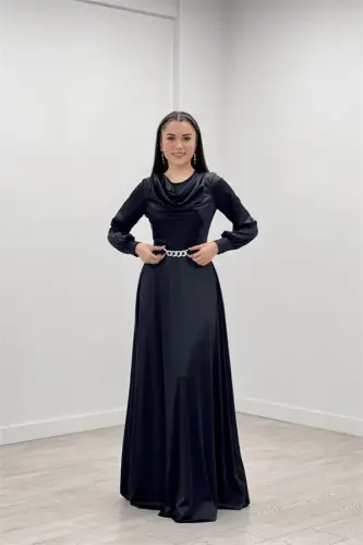 Saten Kumaş Degaje Yaka Abiye Elbise - SİYAH - 6