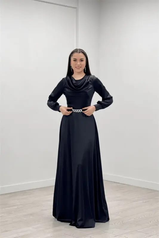 Saten Kumaş Degaje Yaka Abiye Elbise - SİYAH - 2