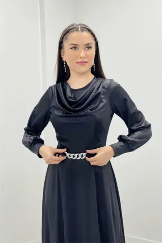Saten Kumaş Degaje Yaka Abiye Elbise - SİYAH - 8