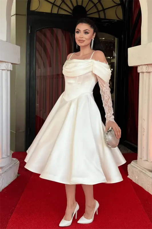 Saten Kumaş Degaje Yaka Dantel Detaylı Midi Elbise - BEYAZ - 2