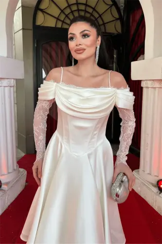 Saten Kumaş Degaje Yaka Dantel Detaylı Midi Elbise - BEYAZ - 3