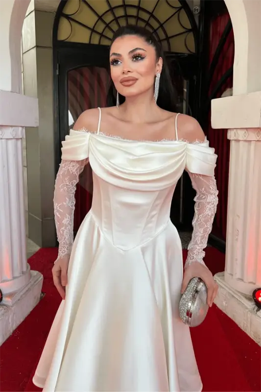 Saten Kumaş Degaje Yaka Dantel Detaylı Midi Elbise - BEYAZ - 3