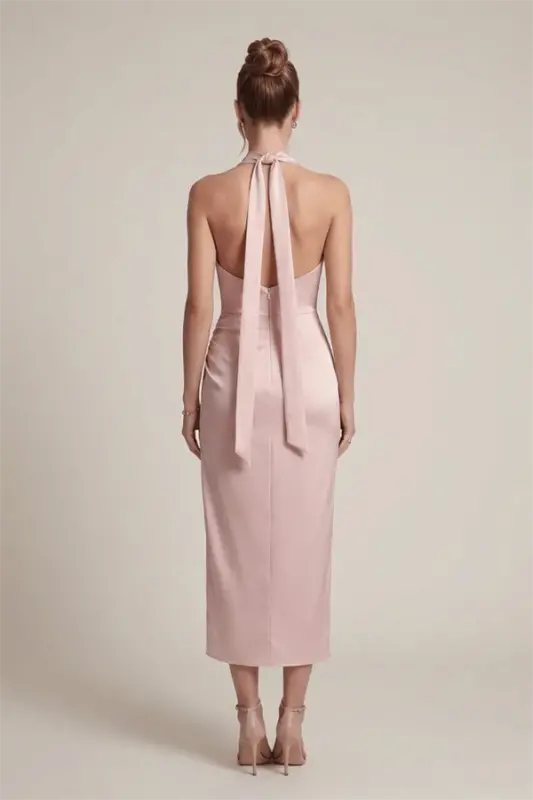 Saten Kumaş Degaje Yaka Elbise - PUDRA - 2