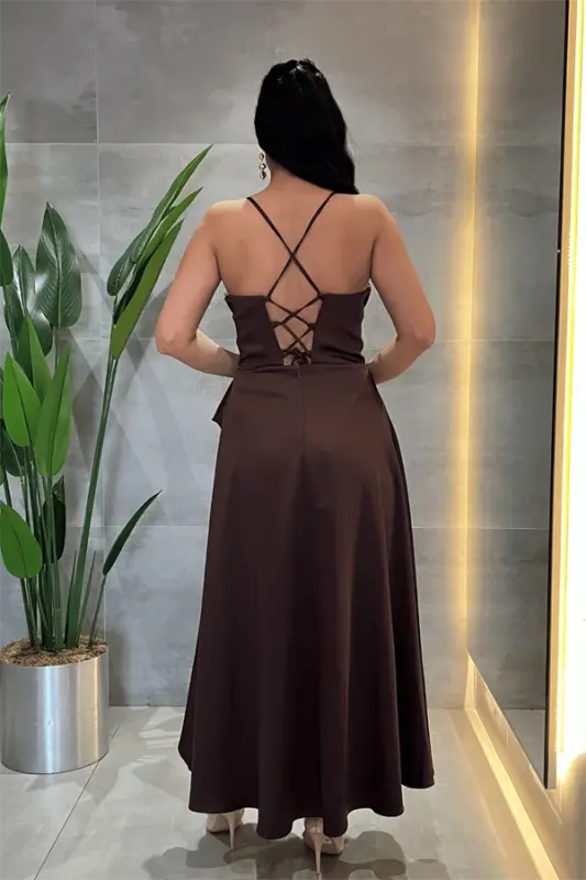 Saten Kumaş Degaje Yaka Midi Elbise - KAHVERENGİ - 2