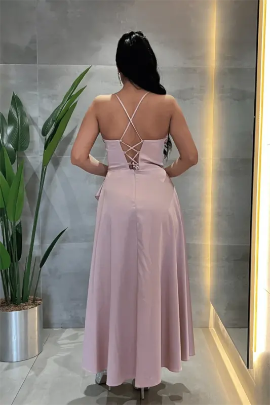 Saten Kumaş Degaje Yaka Midi Elbise - PUDRA - BÜYÜKBEDENIZ