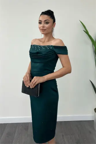 Saten Kumaş İnci Detaylı Kalem Elbise - ZÜMRÜT YEŞİL - 3