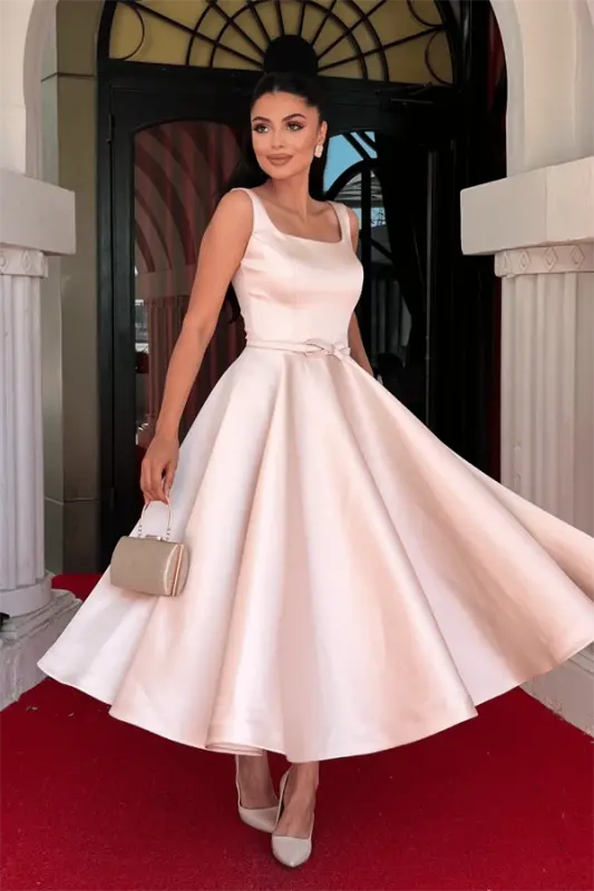 Saten Kumaş Kalın Askılı Midi Boy Elbise - KREM - 2