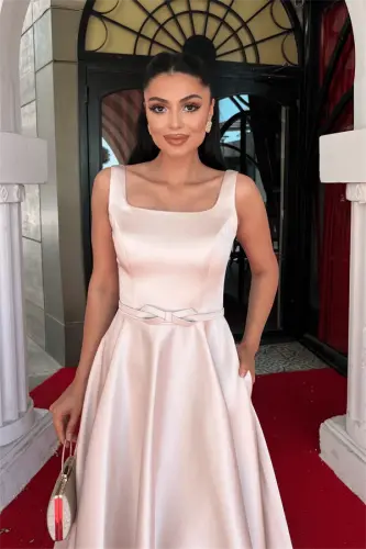 Saten Kumaş Kalın Askılı Midi Boy Elbise - KREM - 3