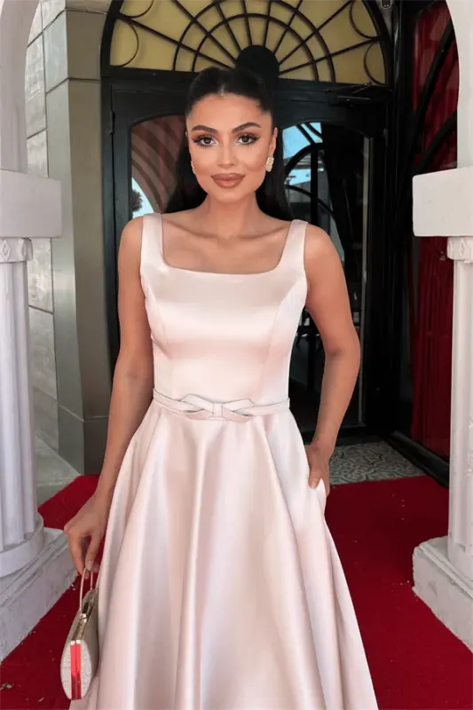 Saten Kumaş Kalın Askılı Midi Boy Elbise - KREM - 3