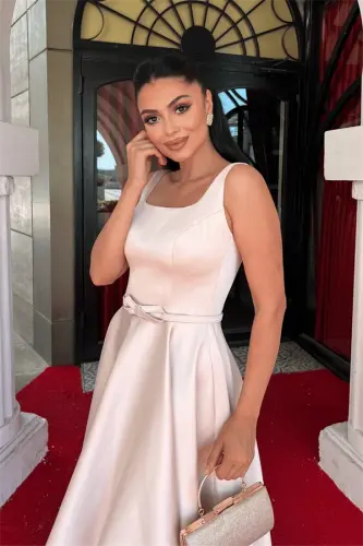 Saten Kumaş Kalın Askılı Midi Boy Elbise - KREM - 4