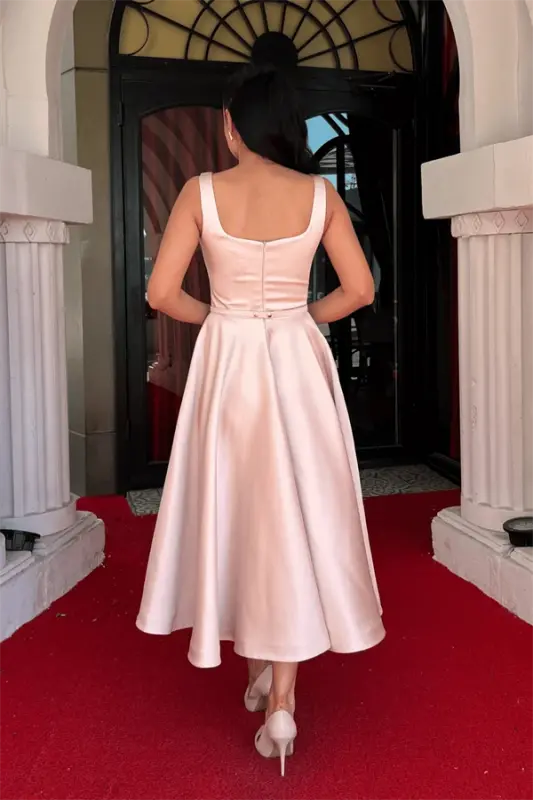 Saten Kumaş Kalın Askılı Midi Boy Elbise - KREM - 5