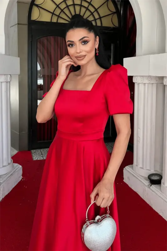 Saten Kumaş Kare Yaka Balon Kol Midi Elbise - KIRMIZI - 4