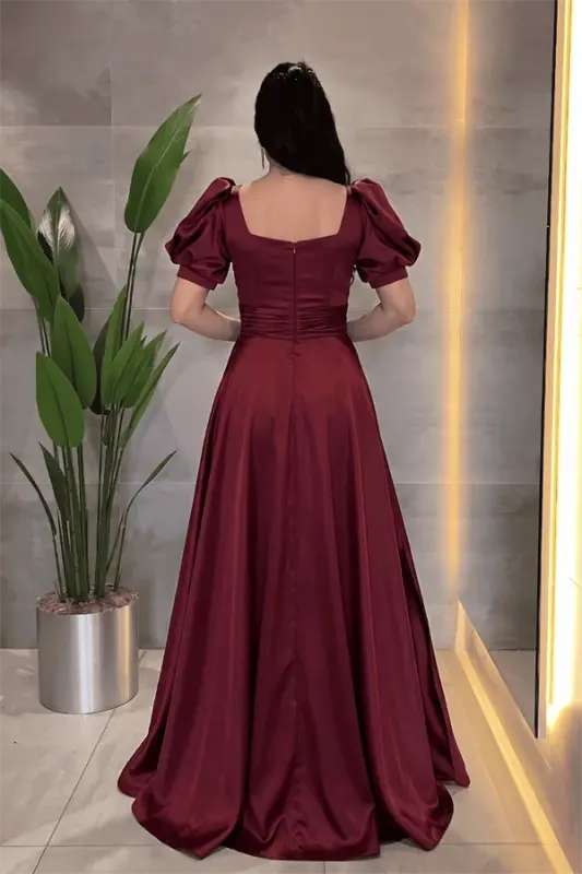 Saten Kumaş Kare Yaka Volan Detaylı Abiye Elbise - BORDO - 3
