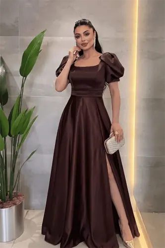 Saten Kumaş Kare Yaka Volan Detaylı Abiye Elbise - KAHVERENGİ - BÜYÜKBEDENIZ (1)