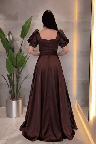 Saten Kumaş Kare Yaka Volan Detaylı Abiye Elbise - KAHVERENGİ - 3