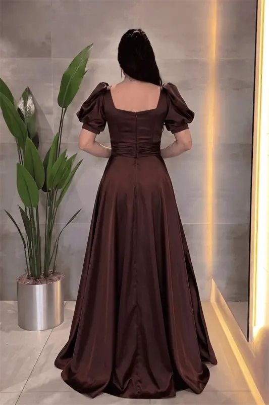 Saten Kumaş Kare Yaka Volan Detaylı Abiye Elbise - KAHVERENGİ - 3