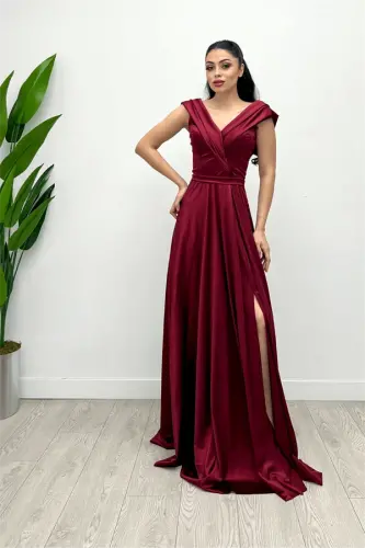 Saten Kumaş Kayık Yaka Abiye Elbise - BORDO - 2