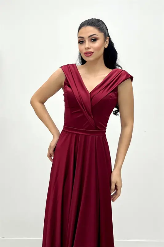 Saten Kumaş Kayık Yaka Abiye Elbise - BORDO - 3