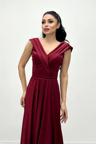 Saten Kumaş Kayık Yaka Abiye Elbise - BORDO - 4