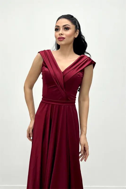 Saten Kumaş Kayık Yaka Abiye Elbise - BORDO - 4