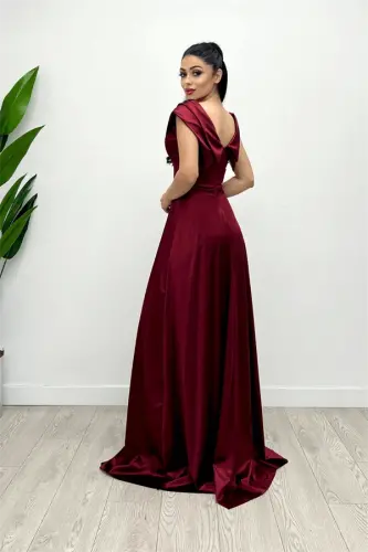 Saten Kumaş Kayık Yaka Abiye Elbise - BORDO - 5
