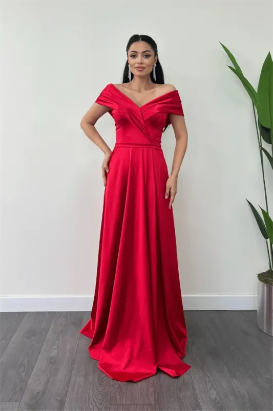 Saten Kumaş Kayık Yaka Abiye Elbise - KIRMIZI - BÜYÜKBEDENIZ