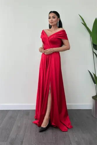 Saten Kumaş Kayık Yaka Abiye Elbise - KIRMIZI - 2