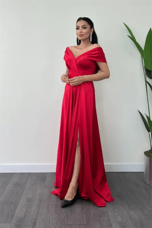 Saten Kumaş Kayık Yaka Abiye Elbise - KIRMIZI - 2