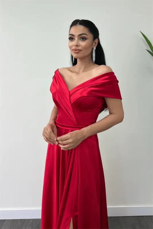 Saten Kumaş Kayık Yaka Abiye Elbise - KIRMIZI - 3
