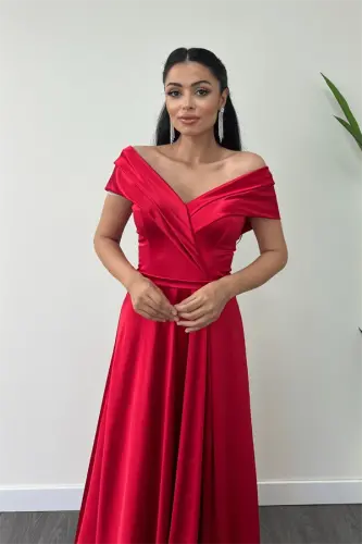 Saten Kumaş Kayık Yaka Abiye Elbise - KIRMIZI - 4