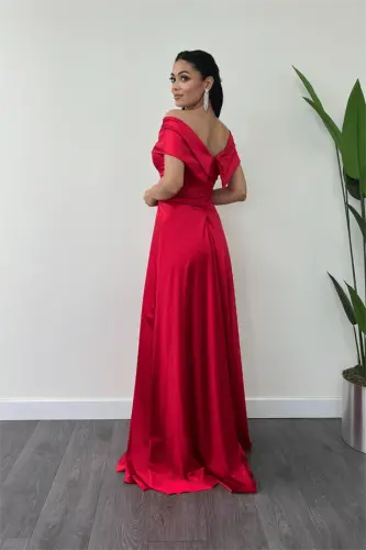 Saten Kumaş Kayık Yaka Abiye Elbise - KIRMIZI - 5