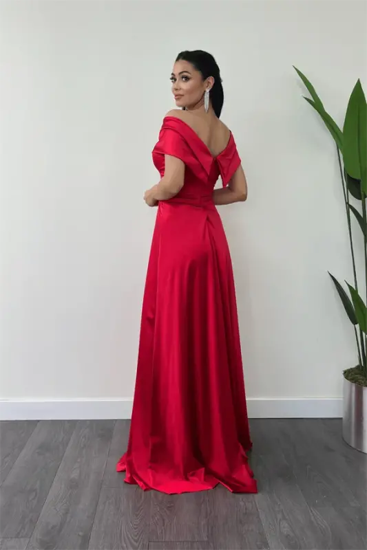 Saten Kumaş Kayık Yaka Abiye Elbise - KIRMIZI - 5