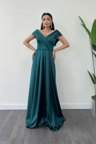 Saten Kumaş Kayık Yaka Abiye Elbise - ZÜMRÜT YEŞİL - 1