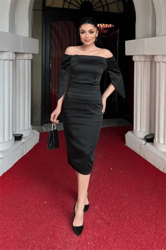 Saten Kumaş Kayık Yaka Kalem Elbise - SİYAH - 1