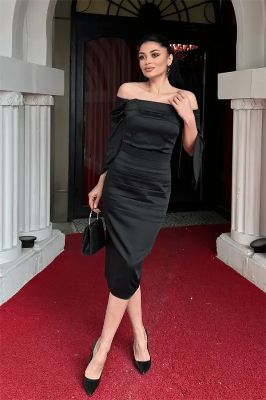 Saten Kumaş Kayık Yaka Kalem Elbise - SİYAH - 2