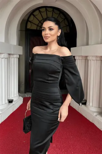 Saten Kumaş Kayık Yaka Kalem Elbise - SİYAH - 4