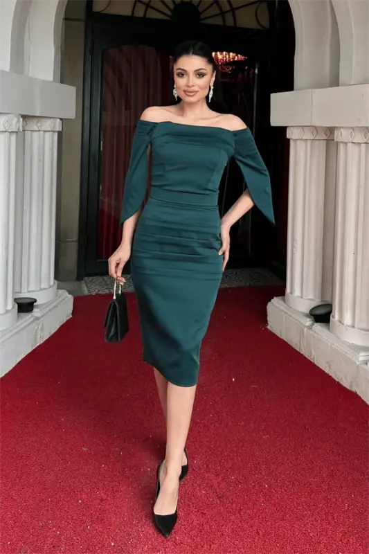 Saten Kumaş Kayık Yaka Kalem Elbise - ZÜMRÜT YEŞİL - BÜYÜKBEDENIZ