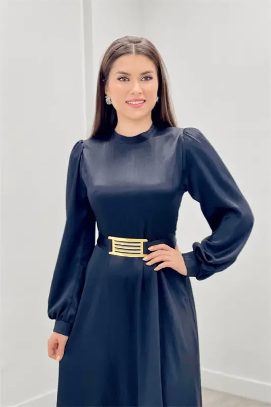 Saten Kumaş Kemer Detaylı Abiye Elbise - SİYAH - 4